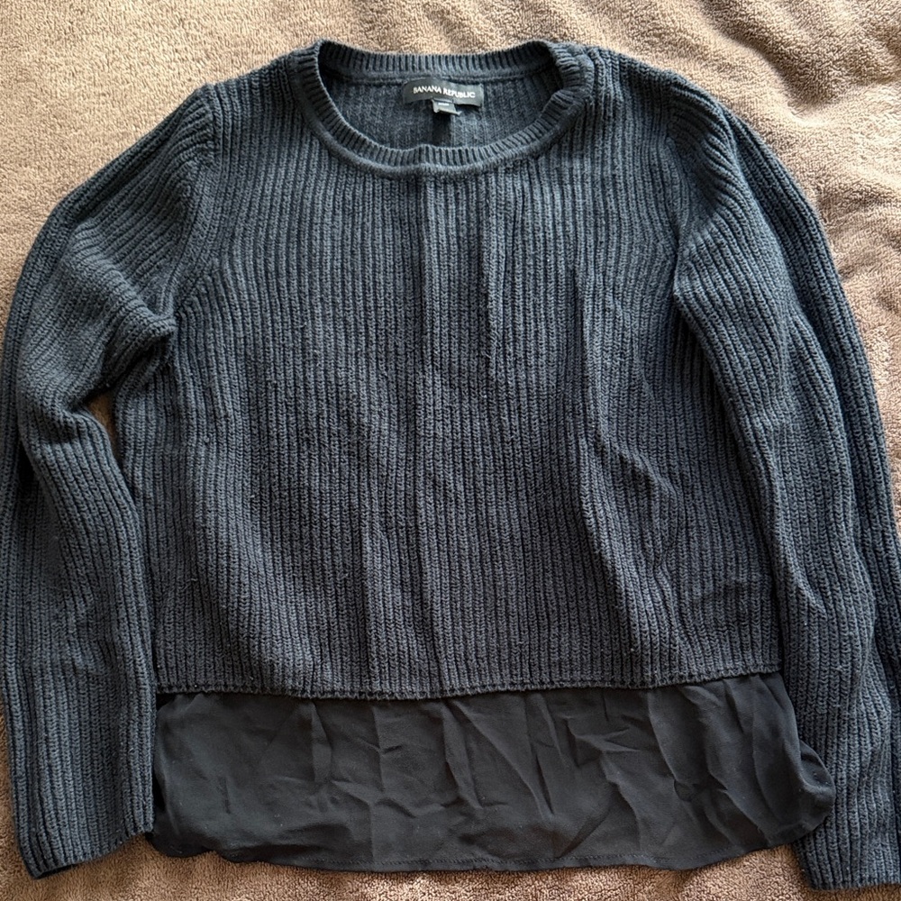 Banana Republic Charcoal Ribbed Knit Sweater with Chiffon Hem
